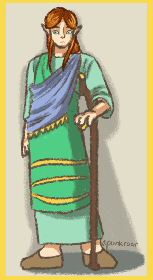 A pale, elf-eared man with red hair and green eyes. He is dressed in multiple layers of green robes lined with gold, with a blue wrap tied over his shoulder. He has a crutch nestled into his right shoulder.